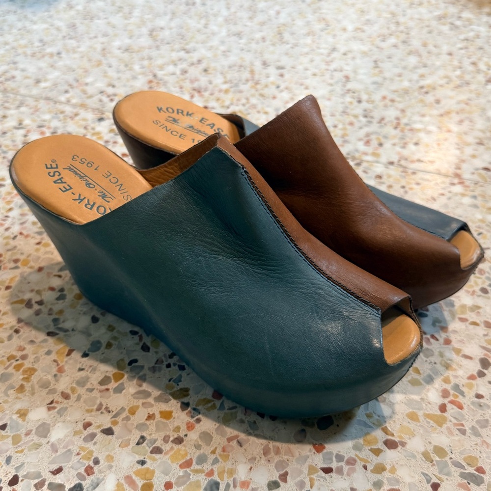 Kork-Ease Teal and Brown Leather Wedge Mule